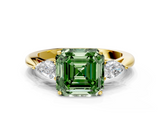 Yellow gold Three-Stone Fancy Green Asscher  Cut Diamond Ring with Pear Side Stones in Four-Prong Setting