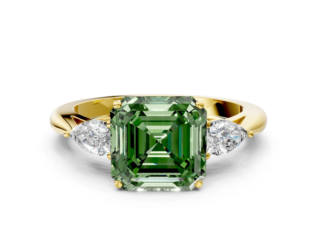Yellow gold Three-Stone Fancy Green Asscher Cut Diamond Ring with Pear  Side Stones in Four-Prong Setting_48