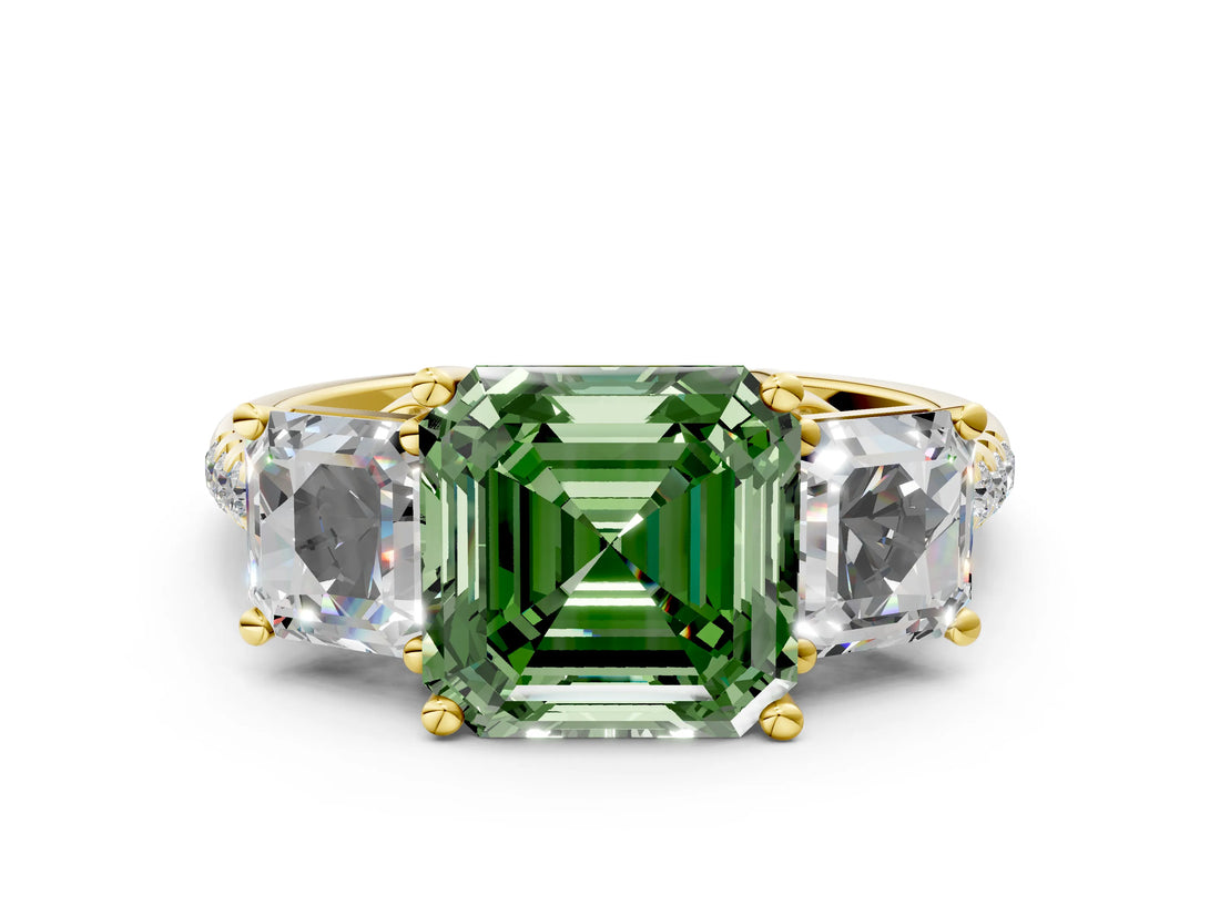 Yellow gold Three-Stone Fancy Green Asscher Cut Diamond Ring with Round  Pavé Band and Prong Setting_12