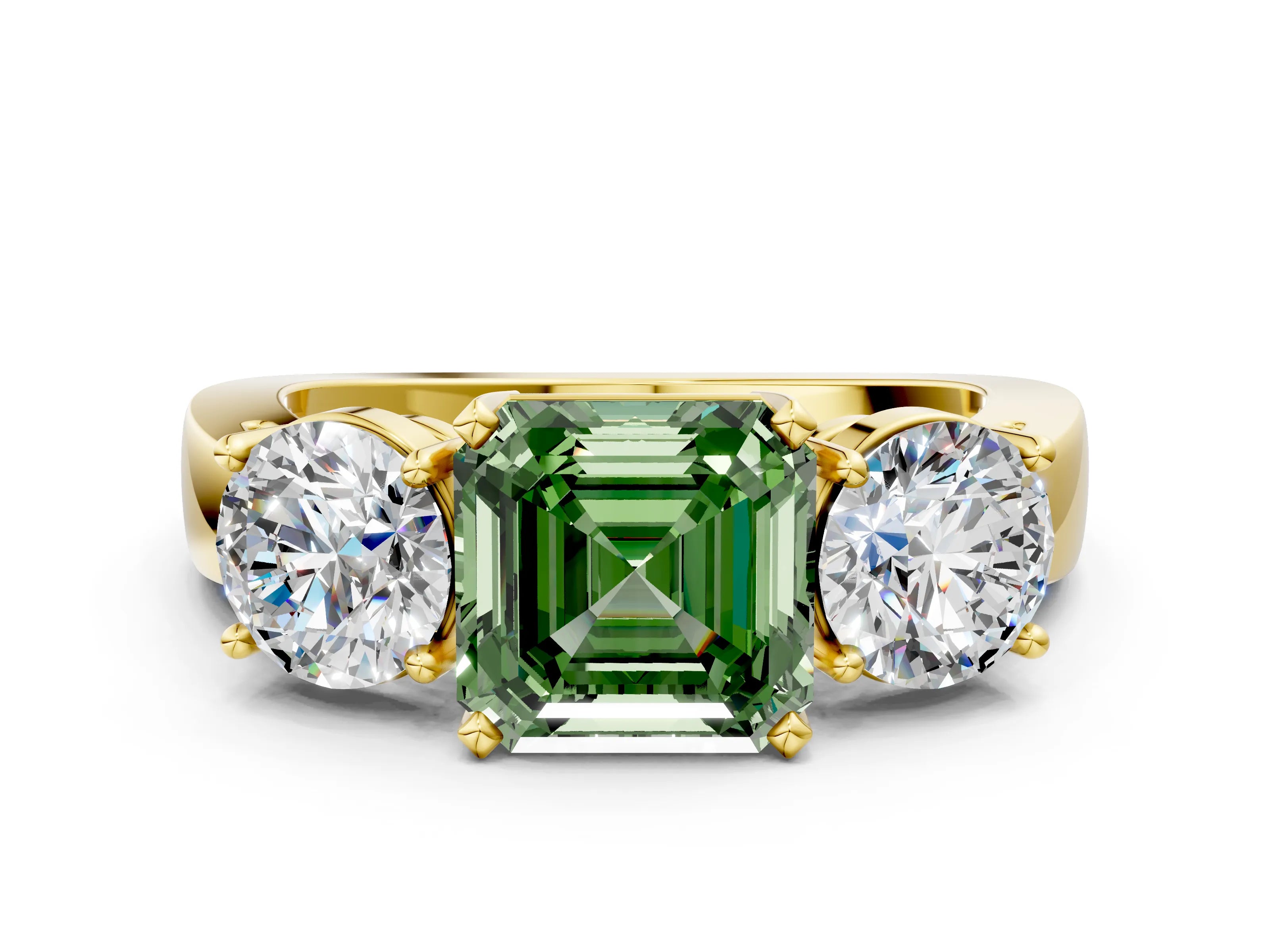 Yellow gold Three-Stone Fancy Green Asscher Cut Diamond Ring with Round Side Stones, Classic Band, and Four-Prong Setting