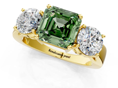 Yellow gold Three-Stone Fancy Green Asscher Cut Diamond Ring with Round Side Stones, Classic Band, and Four-Prong Setting_1