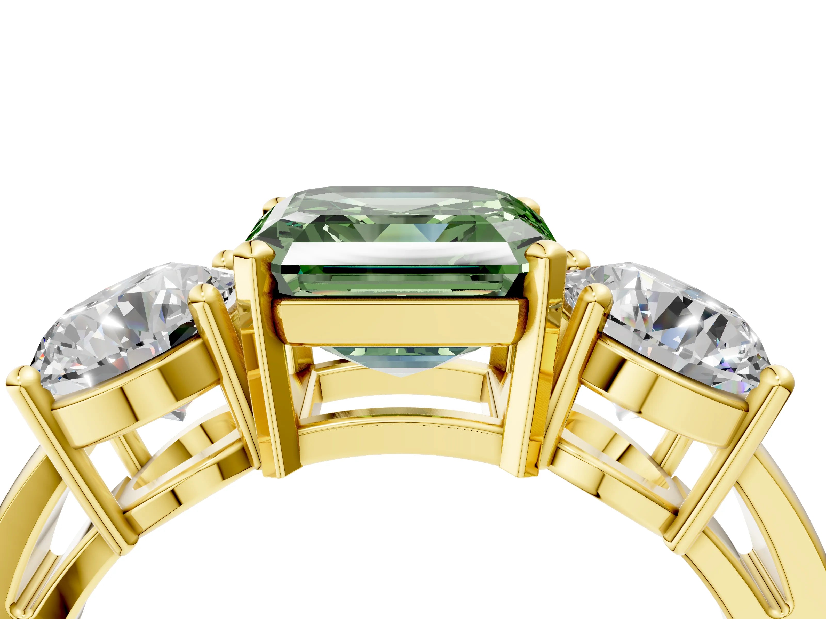 Yellow gold Three-Stone Fancy Green Asscher Cut Diamond Ring with Round Side Stones, Classic Band, and Four-Prong Setting_4