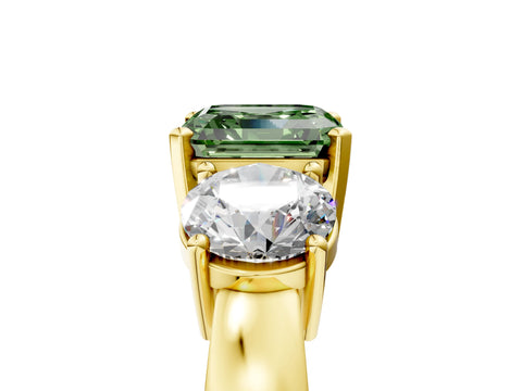 Yellow gold Three-Stone Fancy Green Asscher Cut Diamond Ring with Round Side Stones, Classic Band, and Four-Prong Setting_5