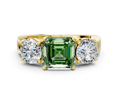 Yellow gold Three-Stone Fancy Green Asscher Cut Diamond Ring with Round Side Stones, Classic Band, and Four-Prong Setting
