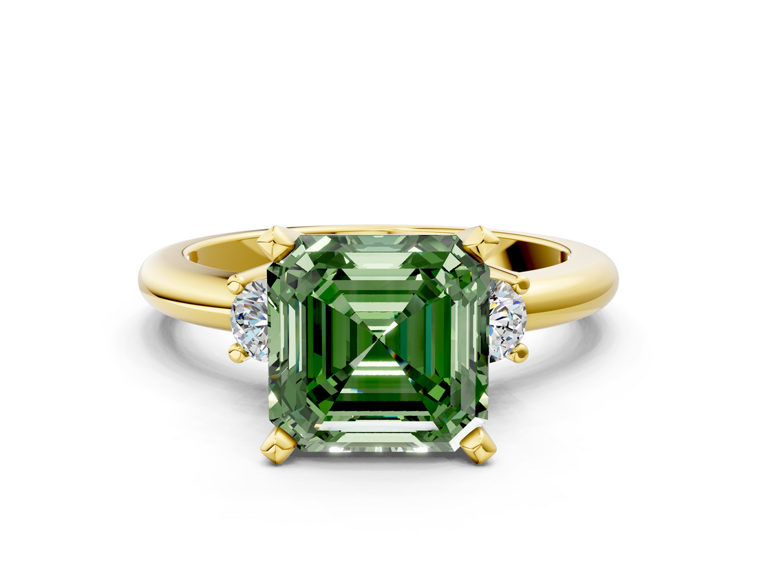 Yellow gold Three-Stone Fancy Green Asscher  Cut Diamond Solitaire with Prong Setting and Classic Band