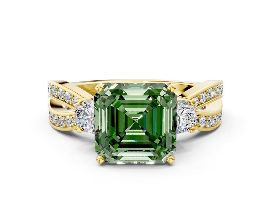 Yellow gold Three-Stone Fancy Green Asscher  Cut Diamond Twist Band with Prong Setting_18