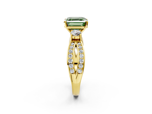 Yellow Gold Asscher Cut Three Stone Twist Engagement Ring Setting for Fancy Green Center