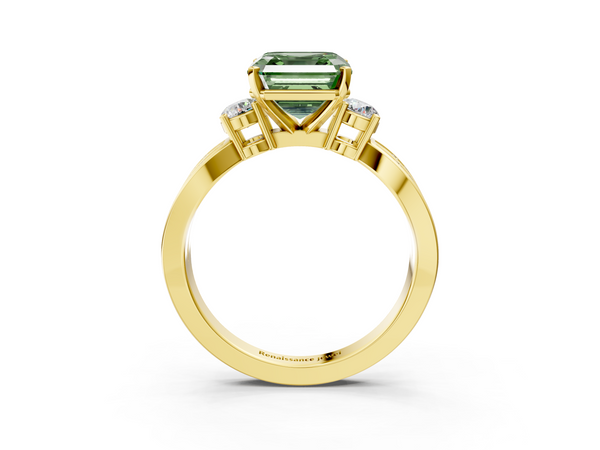 Yellow Gold Asscher Cut Three Stone Twist Engagement Ring Setting for Fancy Green Center