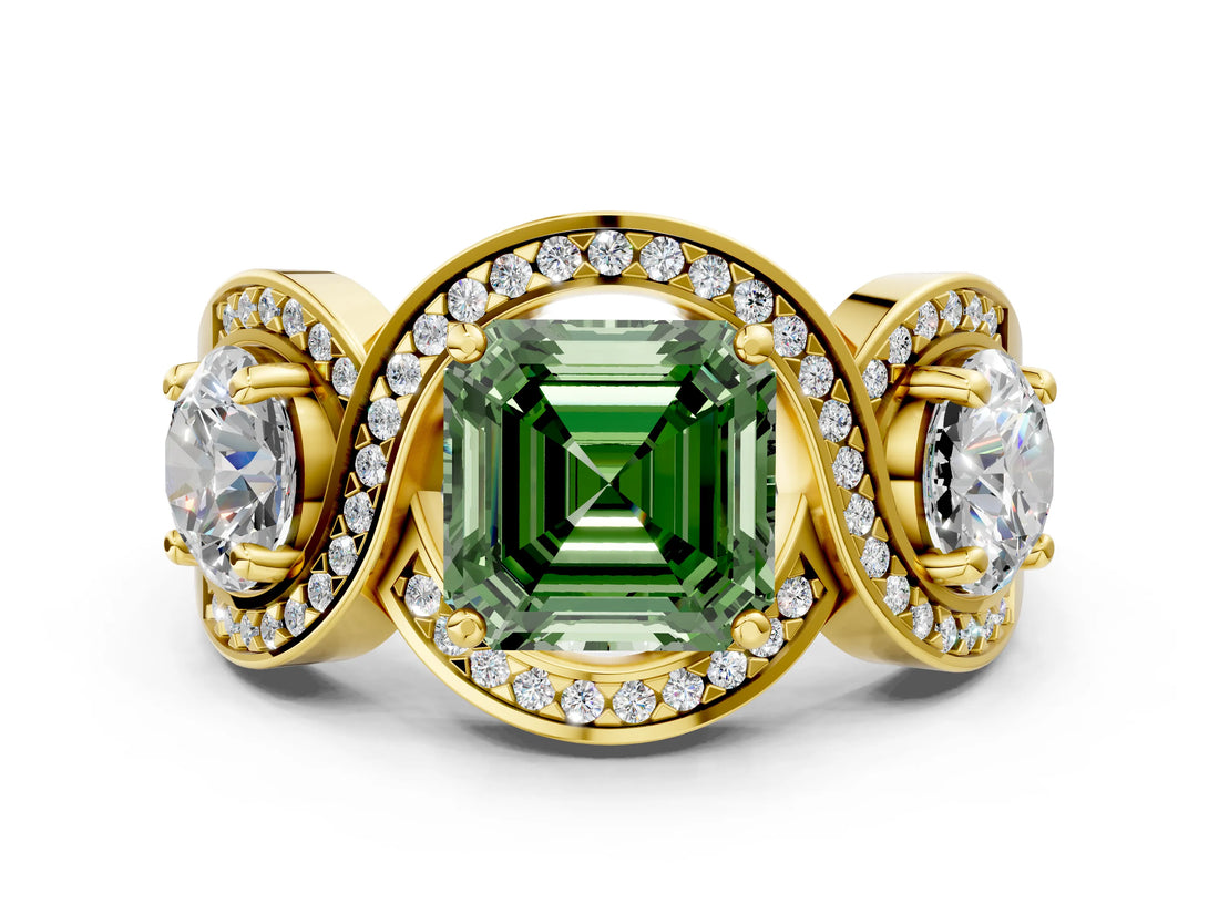 Yellow gold Three-Stone Fancy Green Asscher Cut Diamond Wave Pave Band with Prong Setting