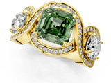 Yellow gold Three-Stone Fancy Green Asscher Cut Diamond Wave Pave Band with Prong Setting_1