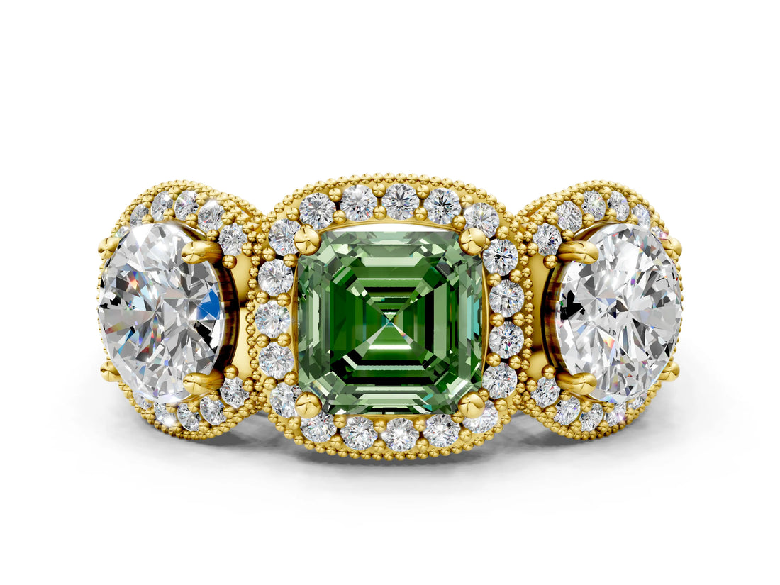 Yellow gold Three-Stone Fancy Green Asscher Cut Halo Diamond Milgrain Band with Four-Prong Setting