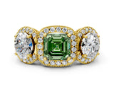 Yellow gold Three-Stone Fancy Green Asscher Cut Halo Diamond Milgrain Band with Four-Prong Setting