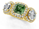 Yellow gold Three-Stone Fancy Green Asscher Cut Halo Diamond Milgrain Band with Four-Prong Setting_1