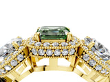 Yellow gold Three-Stone Fancy Green Asscher Cut Halo Diamond Milgrain Band with Four-Prong Setting_4