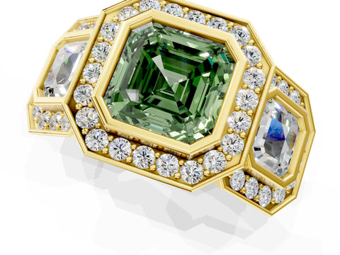 Yellow gold Three-Stone Fancy Green Asscher Cut Halo Pavé Diamond Ring_1
