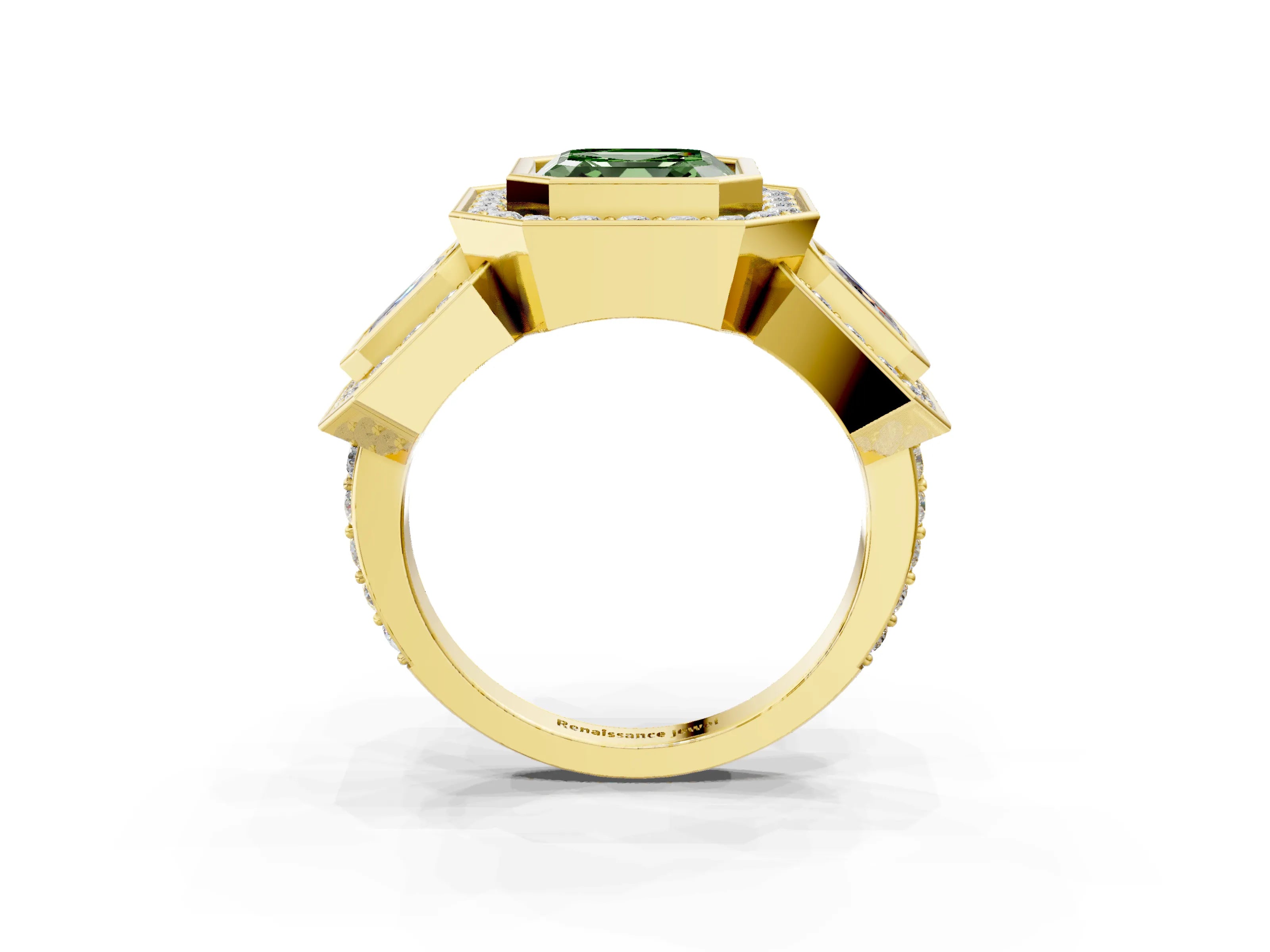 Yellow gold Three-Stone Fancy Green Asscher Cut Halo Pavé Diamond Ring_3