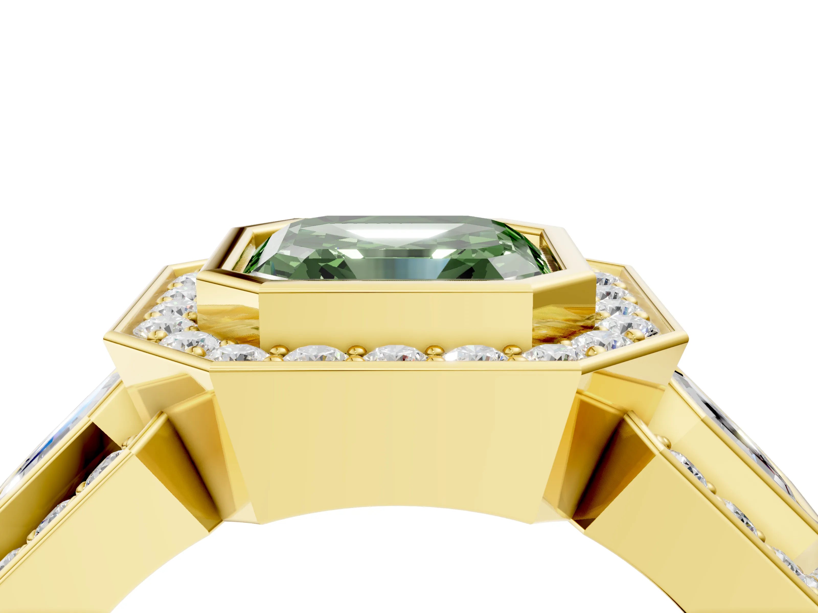 Yellow gold Three-Stone Fancy Green Asscher Cut Halo Pavé Diamond Ring_4