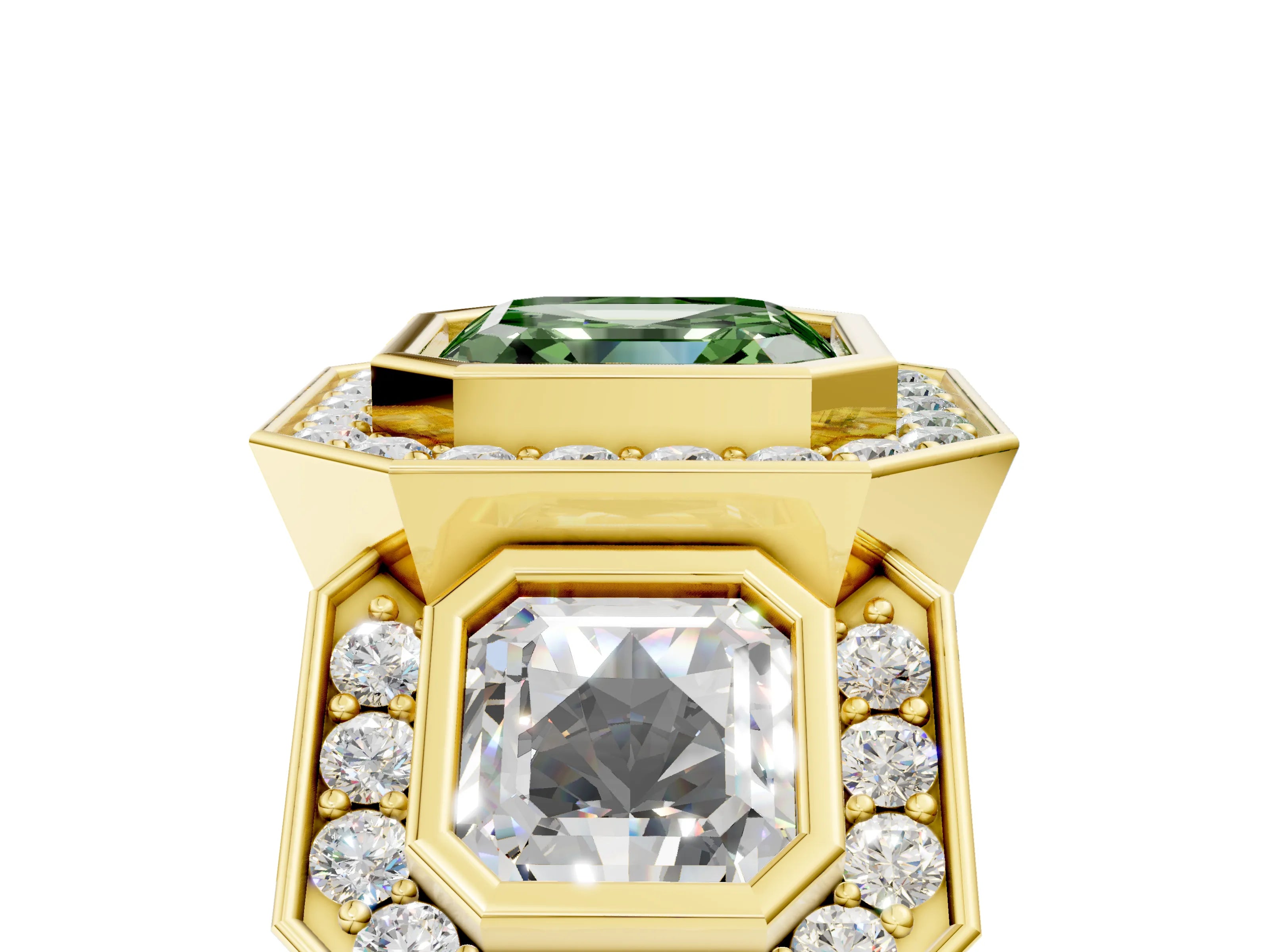 Yellow gold Three-Stone Fancy Green Asscher Cut Halo Pavé Diamond Ring_5