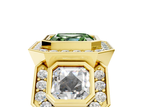 Yellow gold Three-Stone Fancy Green Asscher Cut Halo Pavé Diamond Ring_5