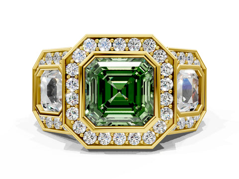 Yellow gold Three-Stone Fancy Green Asscher Cut Halo Pavé Diamond Ring