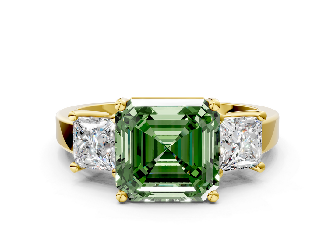 Yellow gold Three-Stone Fancy Green Asscher  Cut Solitaire Ring with Prong Setting_3