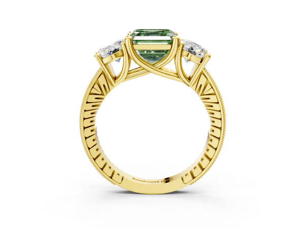 Yellow Gold Asscher Cut Three-Stone Engagement Ring Setting for Fancy Green Center with Pave Band