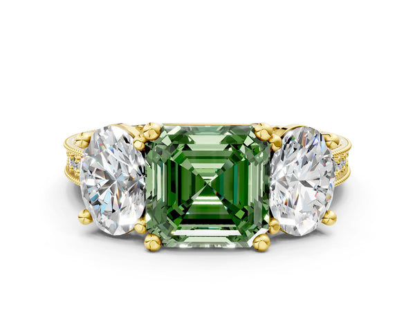 Yellow Gold Asscher Cut Three-Stone Engagement Ring Setting for Fancy Green Center with Pave Band