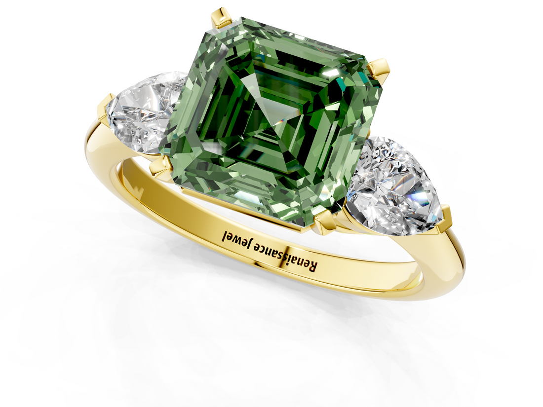 Yellow gold Three-Stone Fancy Green Asscher  Diamond Ring with Pear Side Stones in Four-Prong Setting_17