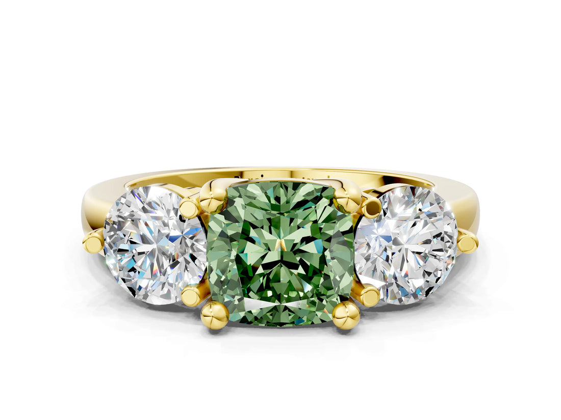 Yellow gold Three-Stone Fancy Green Cushion  Brilliant Cut Solitaire Ring with Prong Setting on a Classic Band 1