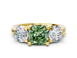 Yellow gold Three-Stone Fancy Green Cushion  Brilliant Cut Solitaire Ring with Prong Setting on a Classic Band 1