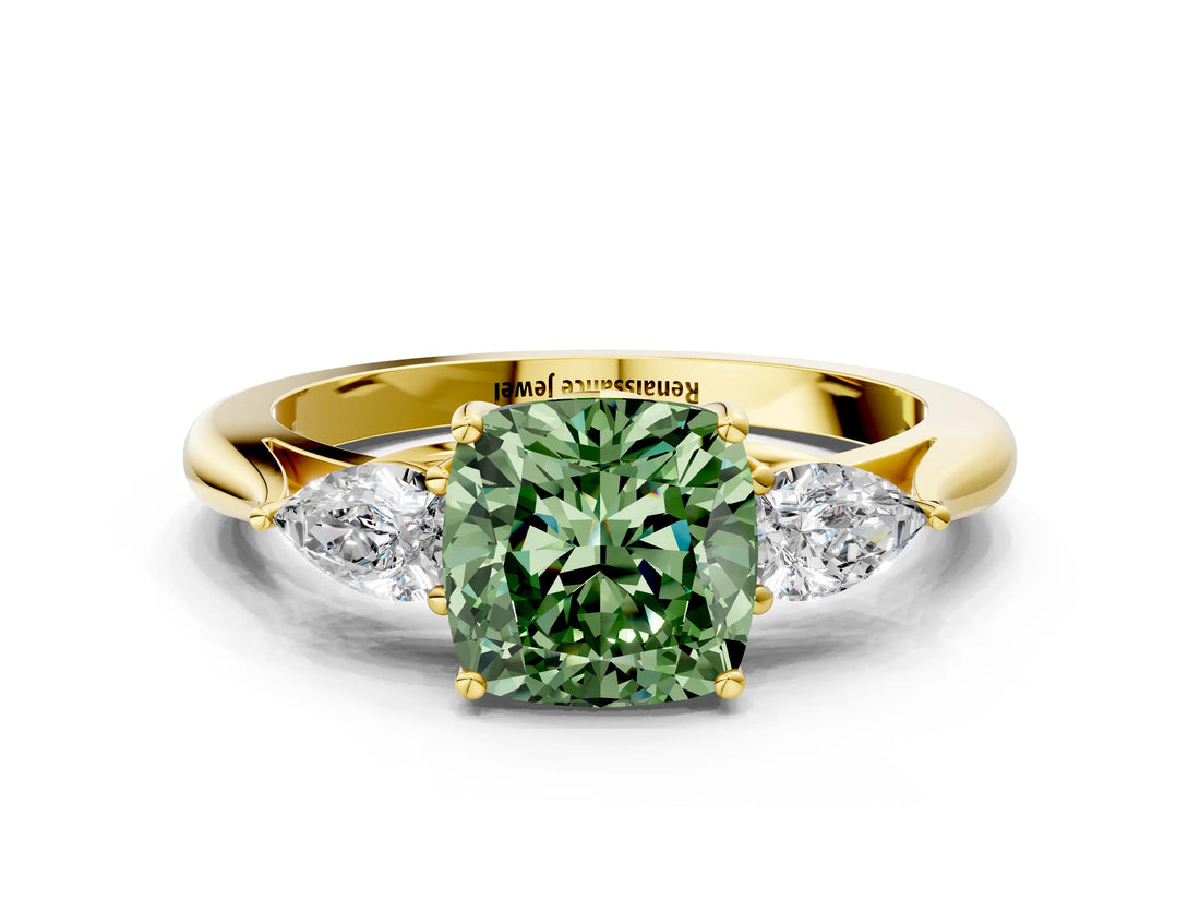 Yellow gold Three-Stone Fancy Green Cushion Cut Brilliant Diamond Solitaire Ring with Tapered Band and Four-Prong Setting_6
