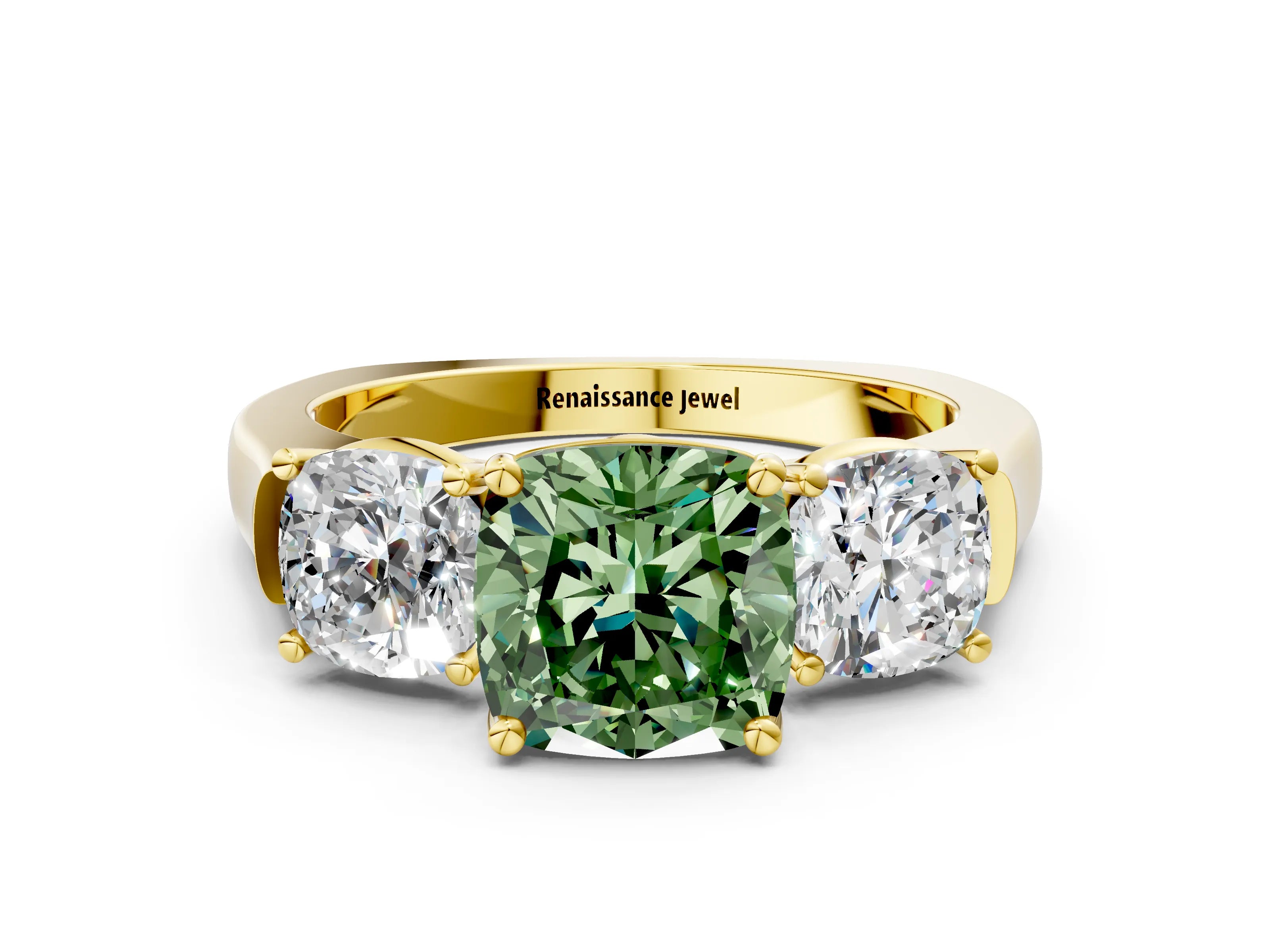 Yellow gold Three-Stone Fancy Green Cushion Cut Brilliant Diamond Trellis Ring with Comfort Fit Band