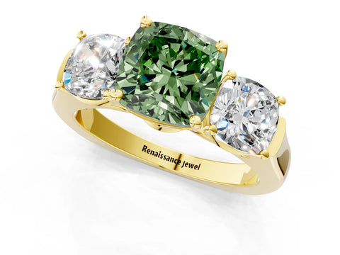 Yellow gold Three-Stone Fancy Green Cushion Cut Brilliant Diamond Trellis Ring with Comfort Fit Band_1