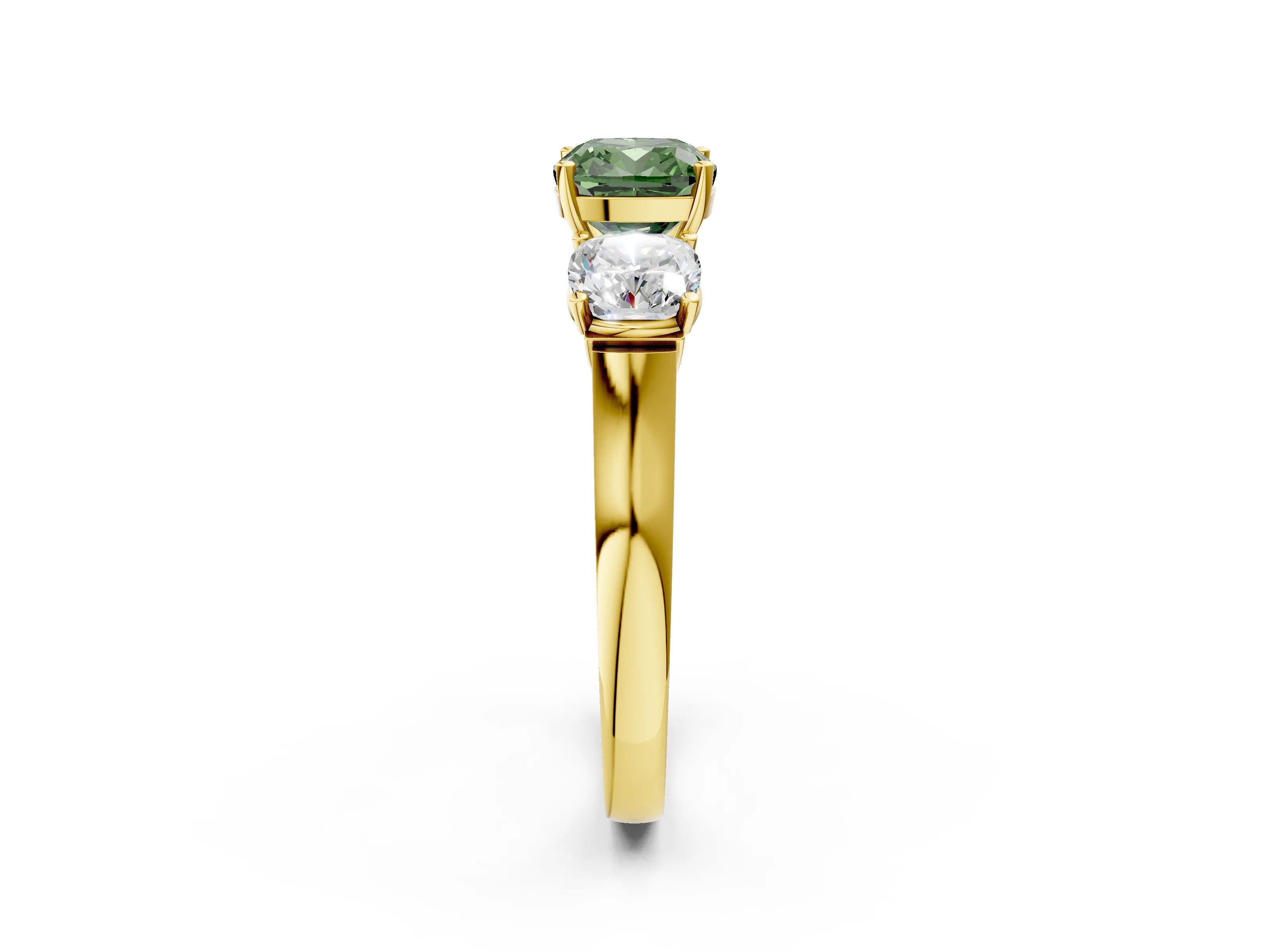 Yellow gold Three-Stone Fancy Green Cushion Cut Brilliant Diamond Trellis Ring with Comfort Fit Band_2