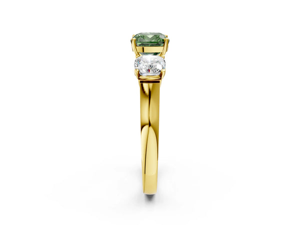Yellow gold Three-Stone Fancy Green Cushion Cut Brilliant Diamond Trellis Ring with Comfort Fit Band