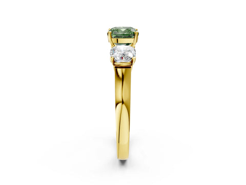 Yellow gold Three-Stone Fancy Green Cushion Cut Brilliant Diamond Trellis Ring with Comfort Fit Band_2