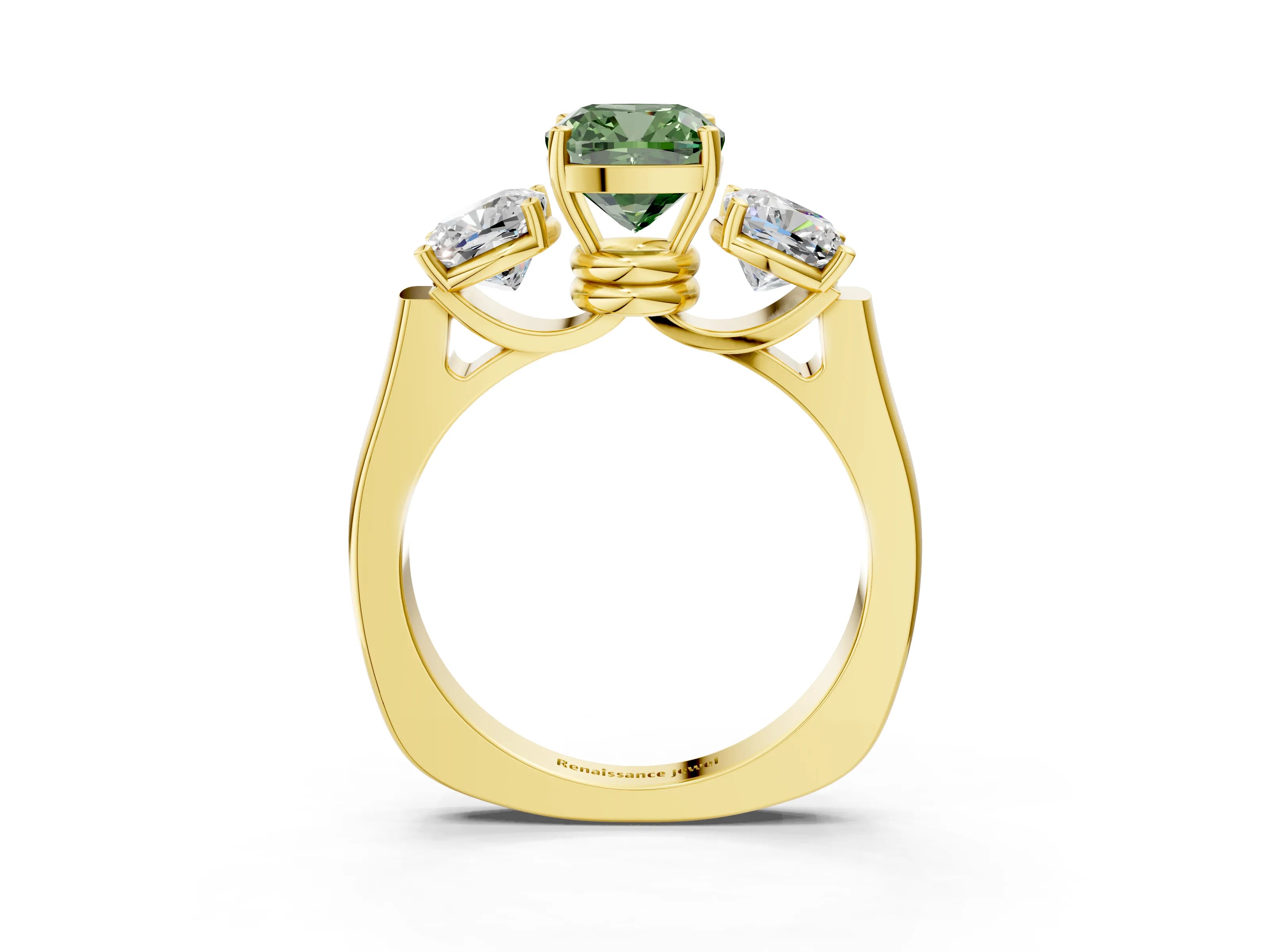 Yellow gold Three-Stone Fancy Green Cushion Cut Brilliant Diamond Trellis Ring with Comfort Fit Band_3