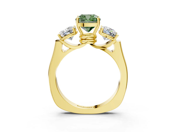 Yellow gold Three-Stone Fancy Green Cushion Cut Brilliant Diamond Trellis Ring with Comfort Fit Band