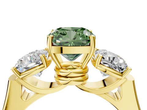 Yellow gold Three-Stone Fancy Green Cushion Cut Brilliant Diamond Trellis Ring with Comfort Fit Band_4