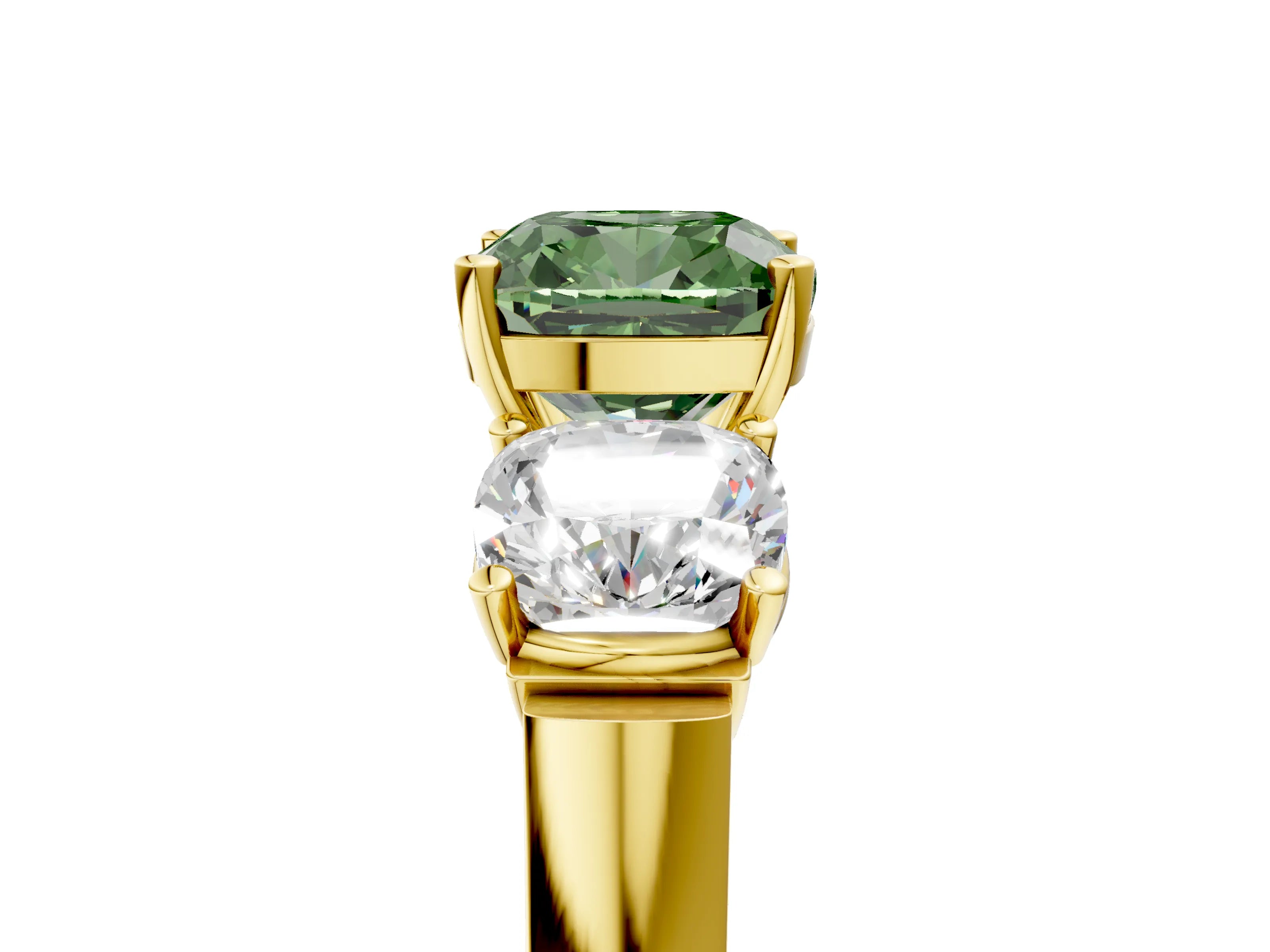Yellow gold Three-Stone Fancy Green Cushion Cut Brilliant Diamond Trellis Ring with Comfort Fit Band_5