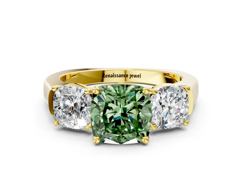 Yellow gold Three-Stone Fancy Green Cushion Cut Brilliant Diamond Trellis Ring with Comfort Fit Band