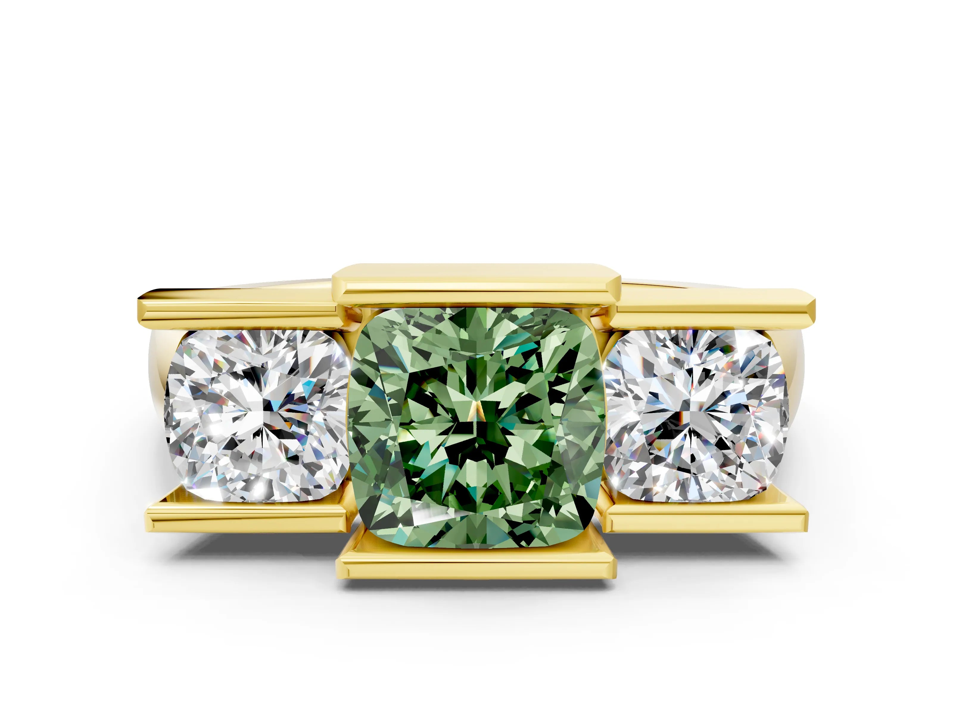 Yellow gold Three Stone Fancy Green Cushion Cut Cut Channel Set Diamond Ring