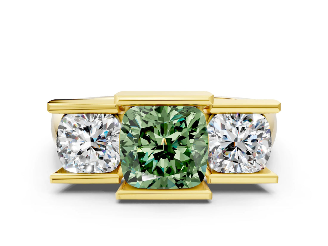 Yellow gold Three Stone Fancy Green Cushion Cut Cut Channel Set Diamond Ring