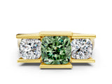 Yellow gold Three Stone Fancy Green Cushion Cut Cut Channel Set Diamond Ring