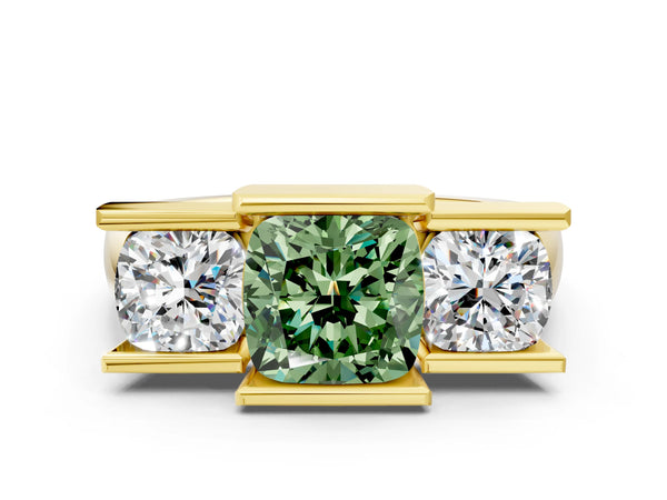Yellow gold Three Stone Fancy Green Cushion Cut Cut Channel Set Diamond Ring