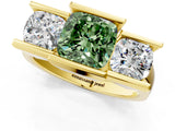Yellow gold Three Stone Fancy Green Cushion Cut Cut Channel Set Diamond Ring_1