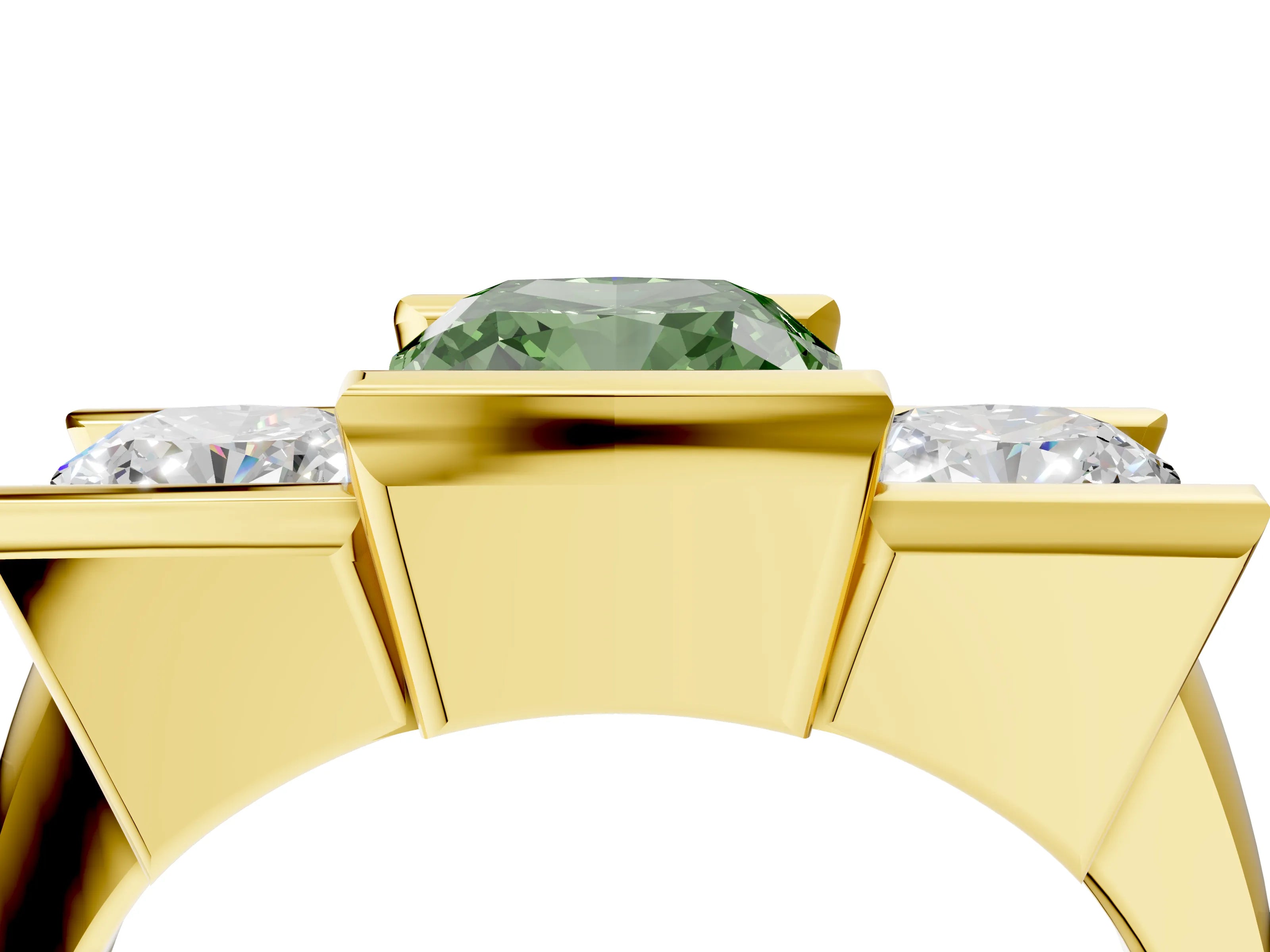 Yellow gold Three Stone Fancy Green Cushion Cut Cut Channel Set Diamond Ring_4