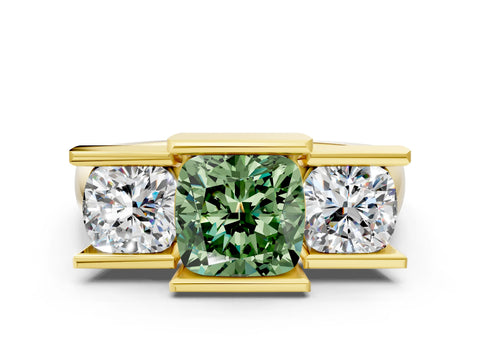 Yellow gold Three Stone Fancy Green Cushion Cut Cut Channel Set Diamond Ring