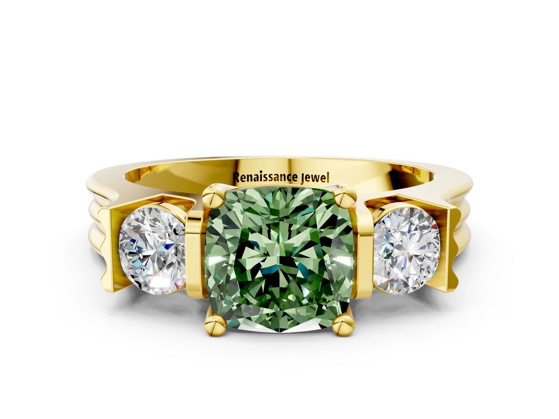 Yellow gold Three-Stone Fancy Green Cushion Cut Cut Classic Band Prong Setting Ring