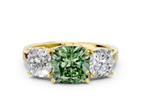 Yellow gold Three-Stone Fancy Green Cushion Cut Cut Diamond Engagement Ring with Flat Band and Four-Prong Setting